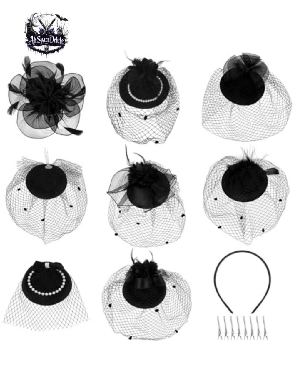 8 Pc Mesh Veil Pillbox Hat Set Feather Fascinator Headwear